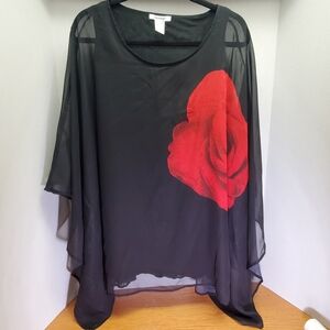 Sheer Poncho Style Blouse W/ Red Rose Design Womans XL